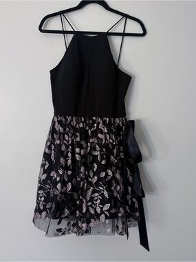 Black Halter Party Dress with Silver Leaf Skirt